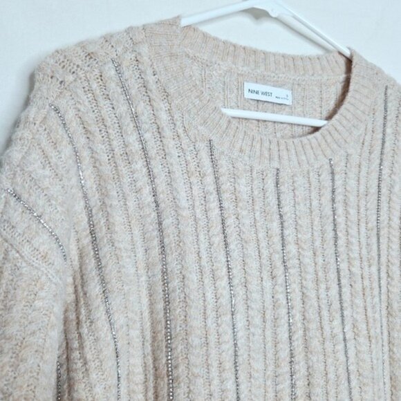 Nine West Oatmeal Cream Tan Jewel Embellished Sweater Women's Size Small New NWT - Picture 2 of 8